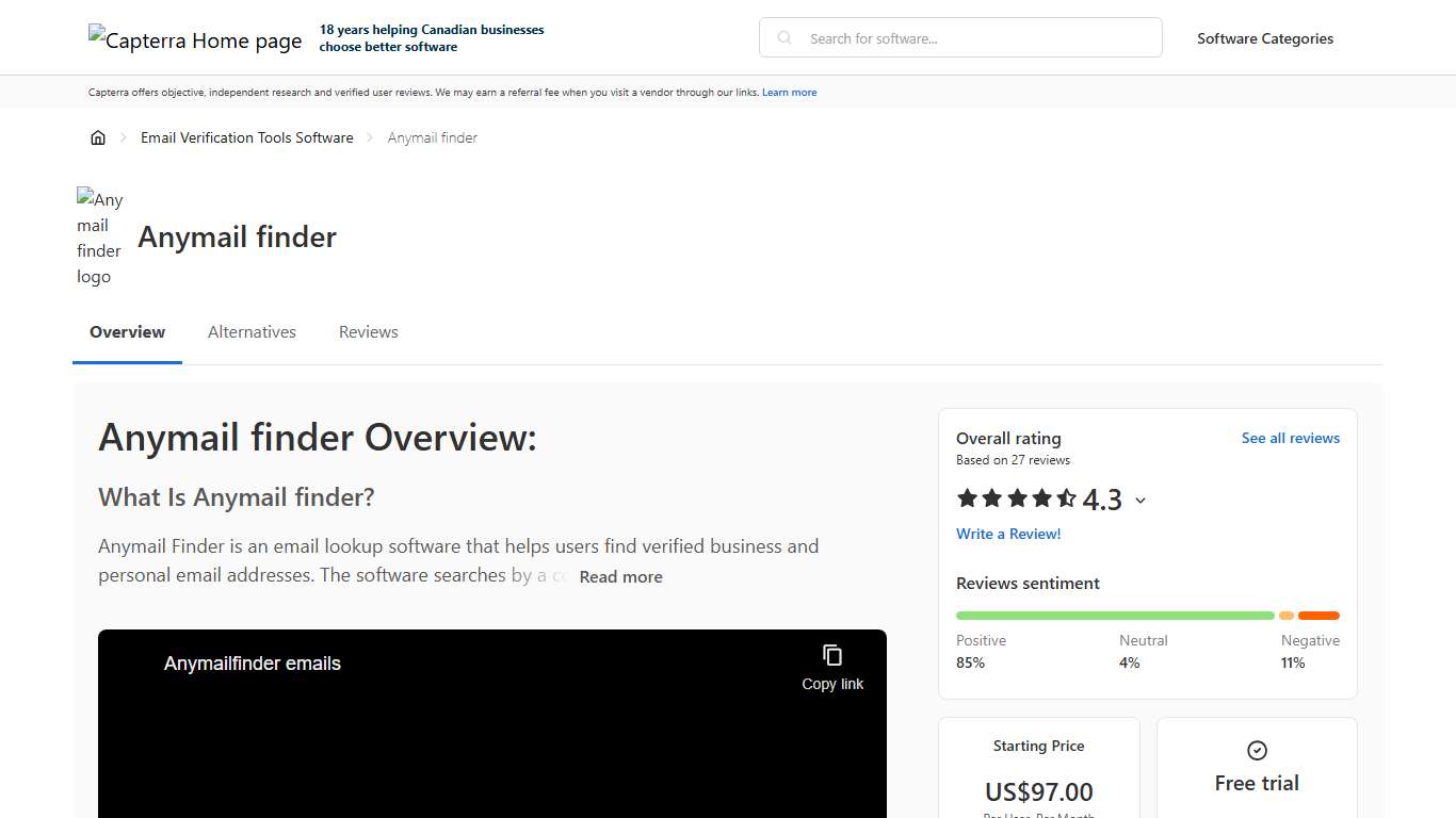 Anymail finder Pricing, Reviews & Features - Capterra Canada 2026